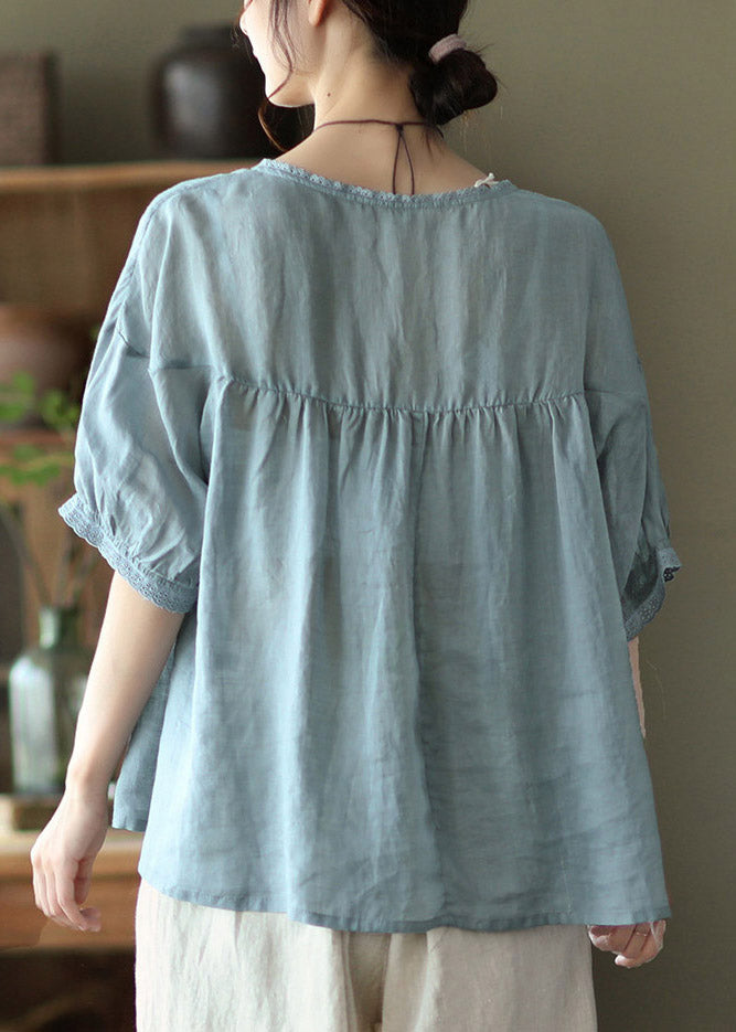 Purple Flowers Grey Button Linen Tops Half Sleeve
