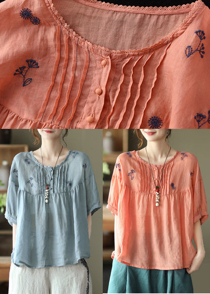 Light Blue Grey Button Linen Tops Half Sleeve