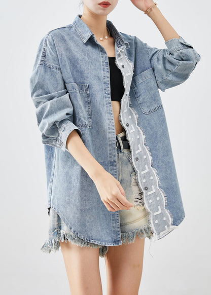 Light Blue Oversized Patchwork Denim Coats Fall