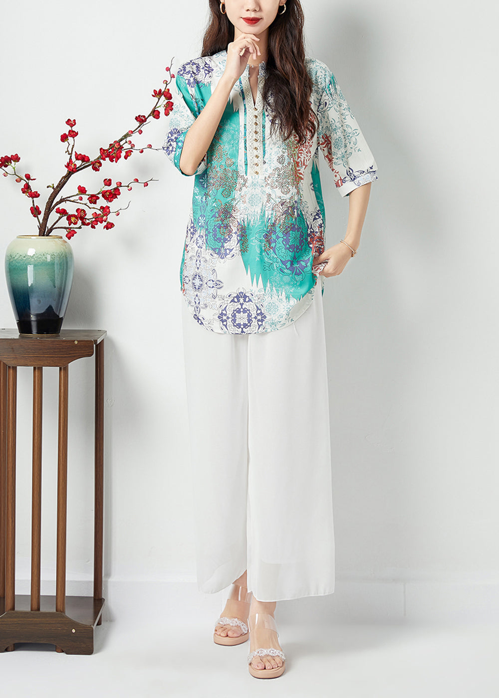 Light Blue Oversized Print Nail Bead Shirt Tops Summer