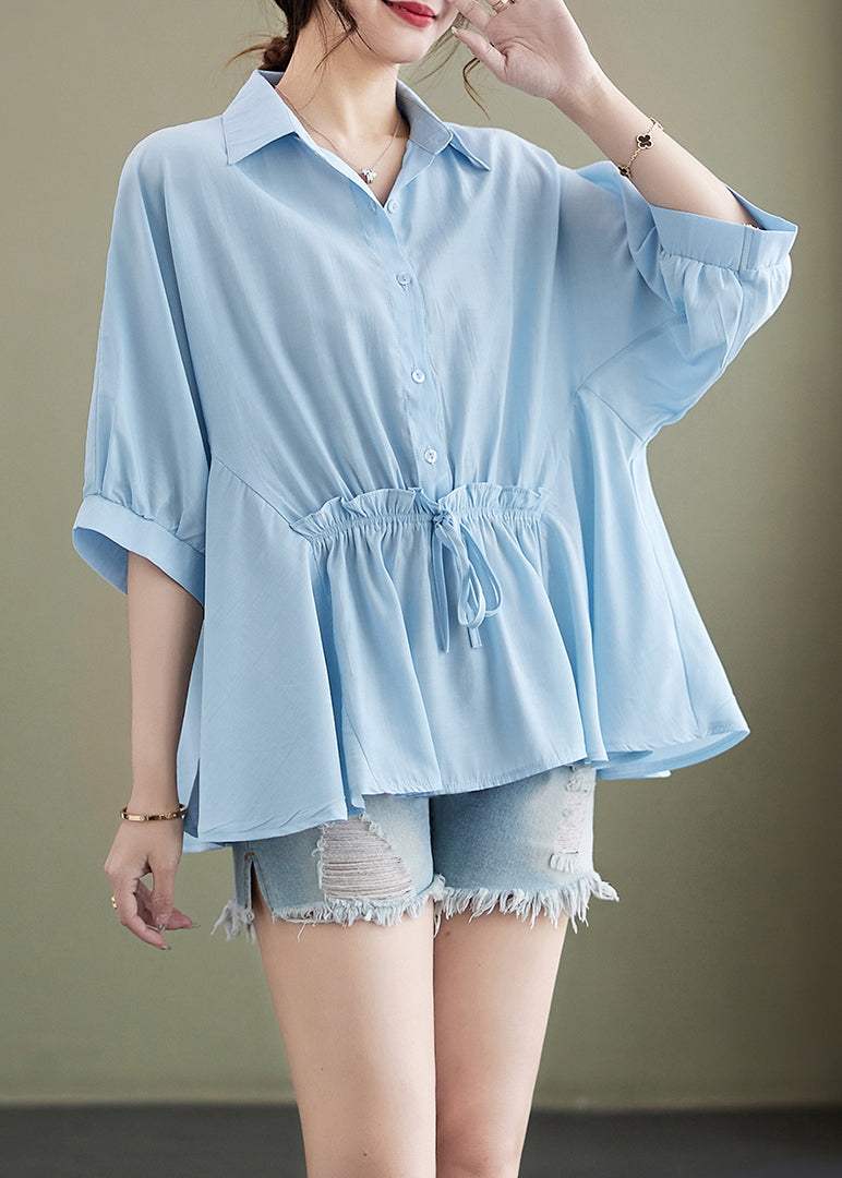 Light Blue Peter Pan Collar Cinched Cotton Top Summer