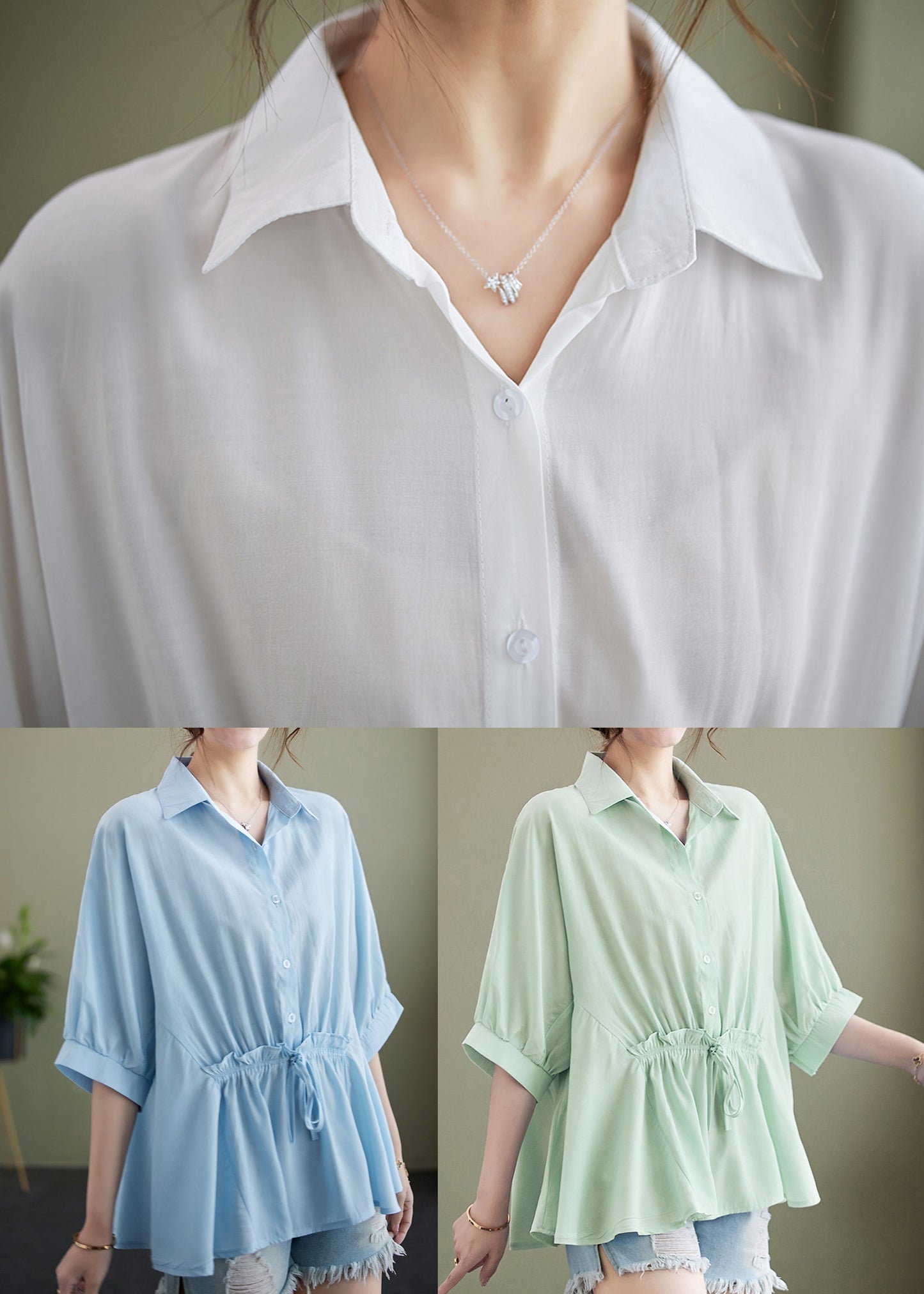 Light Blue Peter Pan Collar Cinched Cotton Top Summer