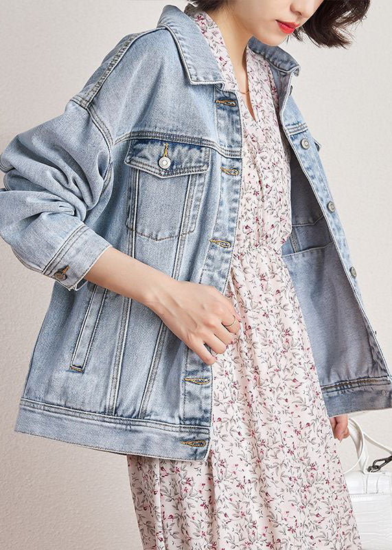 Light Blue Peter Pan Collar Oversized Pockets Denim Coats Spring