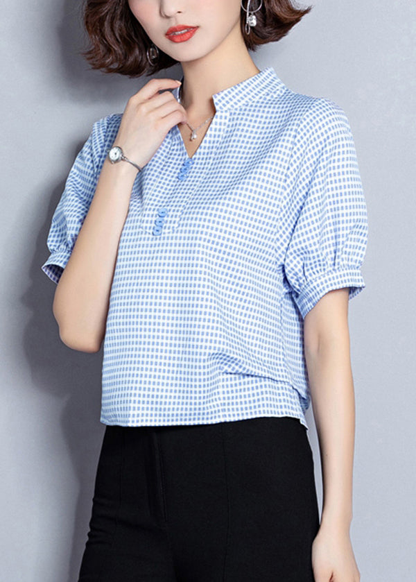 Light Blue Plaid Button Chiffon Shirt Top Summer