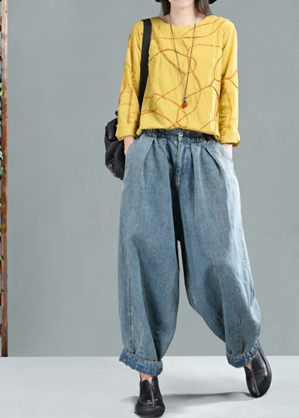 Light Blue Pockets Elastic Waist Denim Lantern Pants Spring