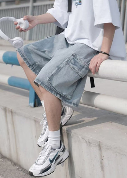 Light Blue Pockets Elastic Waist Shorts Summer