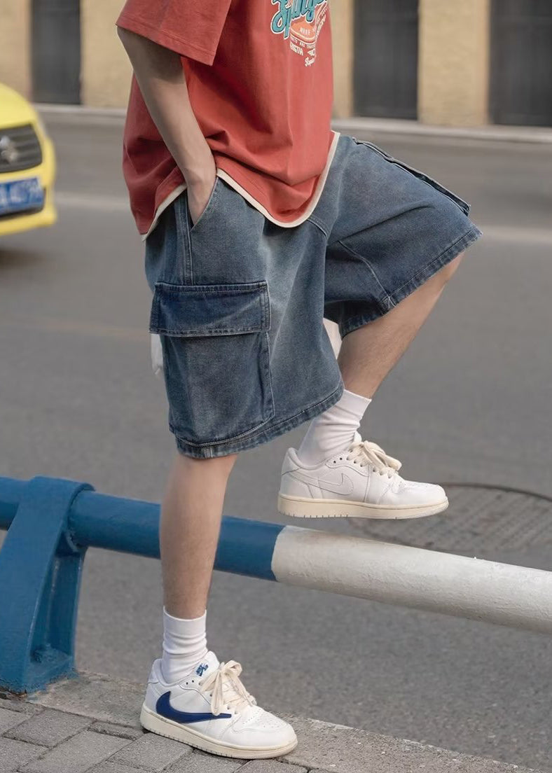 Light Blue Pockets Elastic Waist Shorts Summer