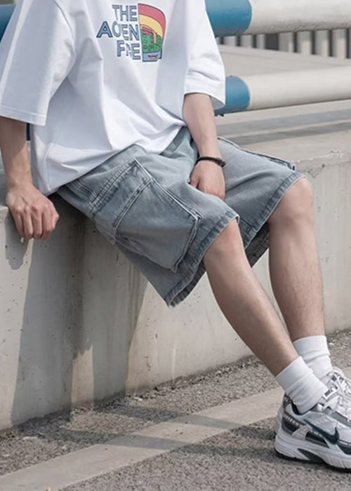 Light Blue Pockets Elastic Waist Shorts Summer