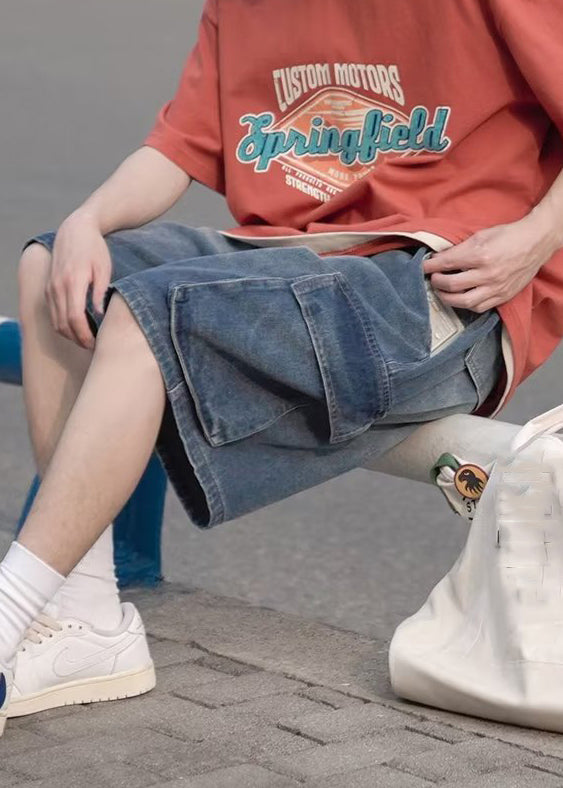 Light Blue Pockets Elastic Waist Shorts Summer
