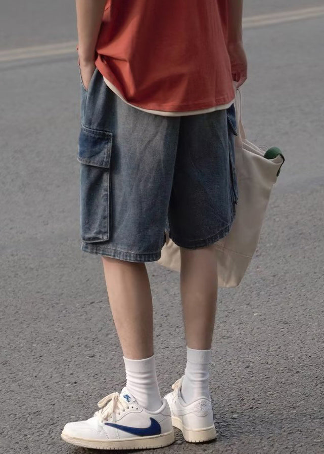 Light Blue Pockets Elastic Waist Shorts Summer