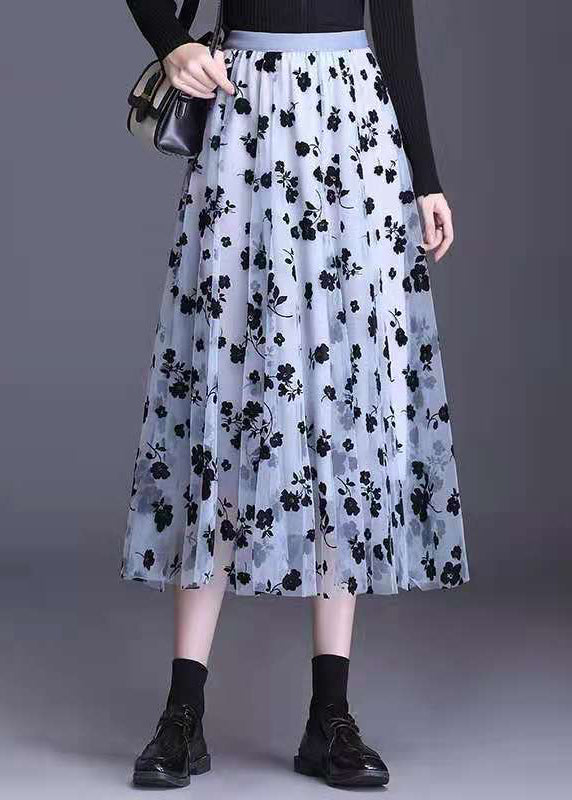 Light Blue Tulle Print a Line Fall Skirts