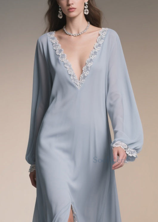 Light Blue V Neck Lace Side Open Chiffon Dresses Spring