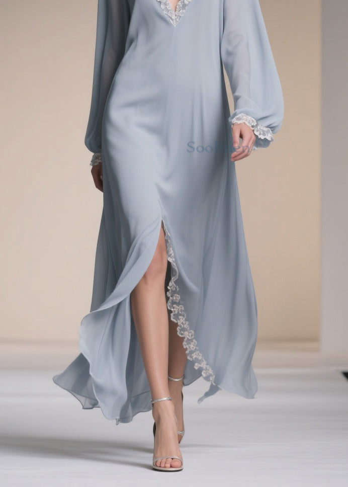 Light Blue V Neck Lace Side Open Chiffon Dresses Spring