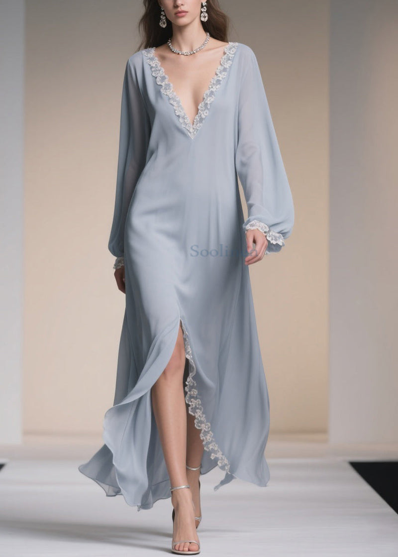 Light Blue V Neck Lace Side Open Chiffon Dresses Spring