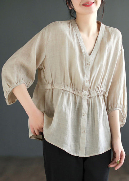 Light Camel V Neck Button Linen Blouses Summer