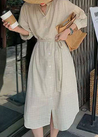 Light Green Cinched Plaid Cotton Dress Spring