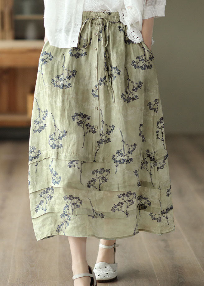 Light Green High Waist Patchwork Print Linen Skirt Summer