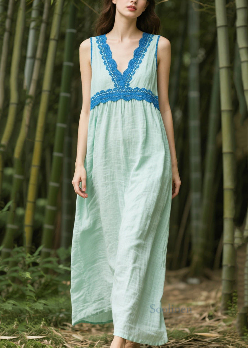 Light Green Oversized Patchwork Cotton Dress Sleeveless