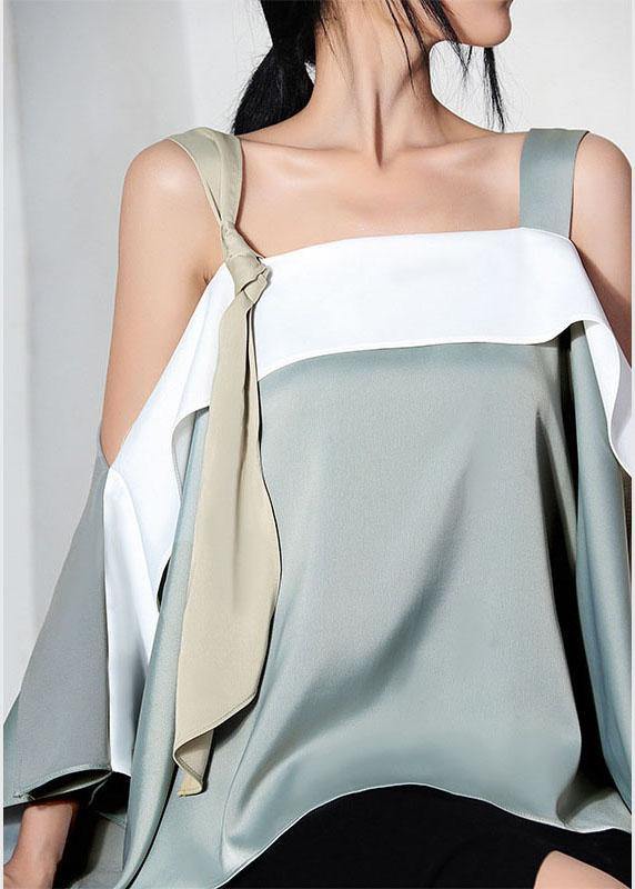 Light Green Slash Neck Patchwork Asymmetrical Design Spaghetti Strap Top Summer