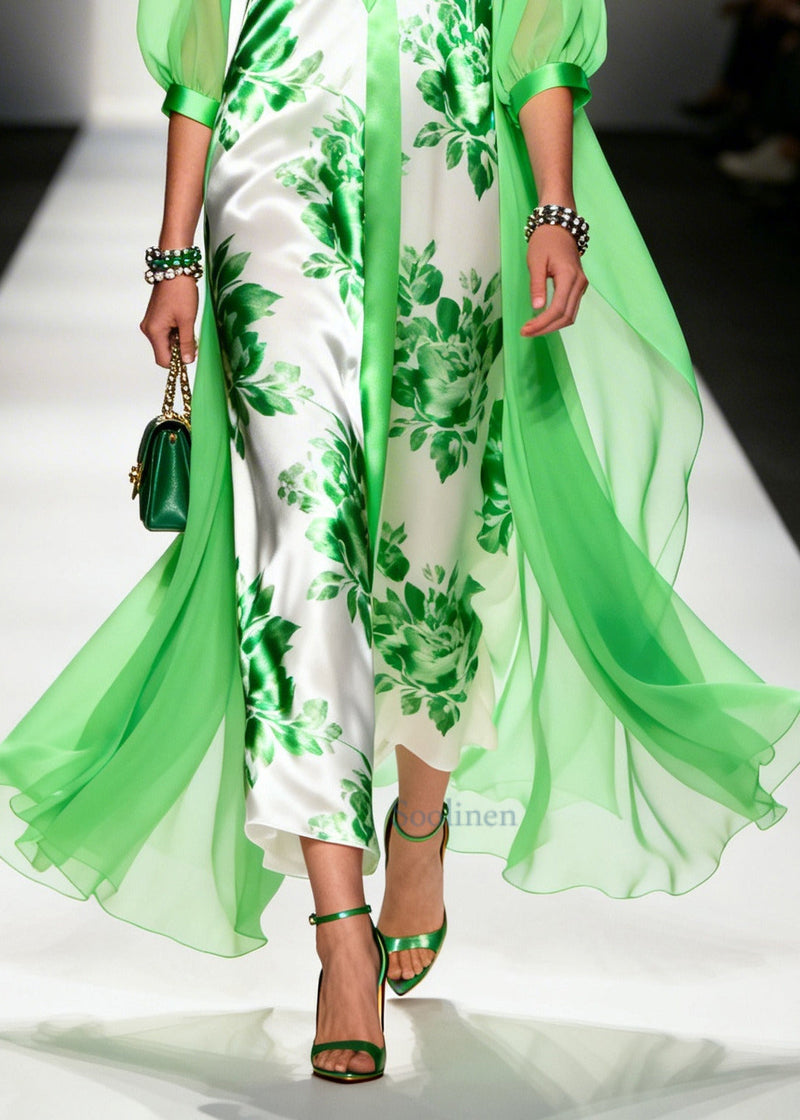 Light Green V Neck Print Chiffon Ankle Dress Summer