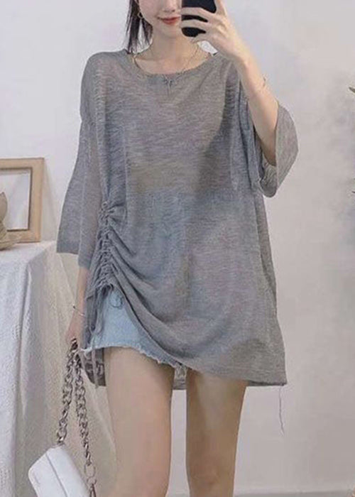 Light Grey O Neck Lace Up Ice Silk Knit T Shirt Summer