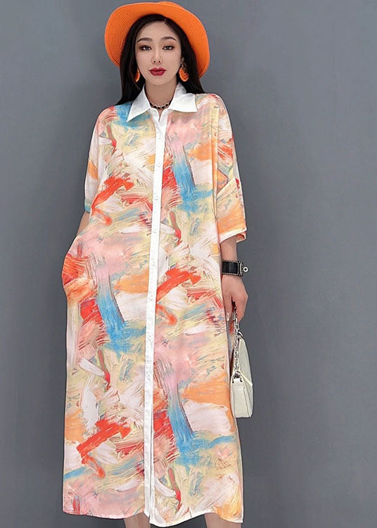Light Khaki Peter Pan Collar Tie Dye Print Chiffon Shirt Dresses Half Sleeve