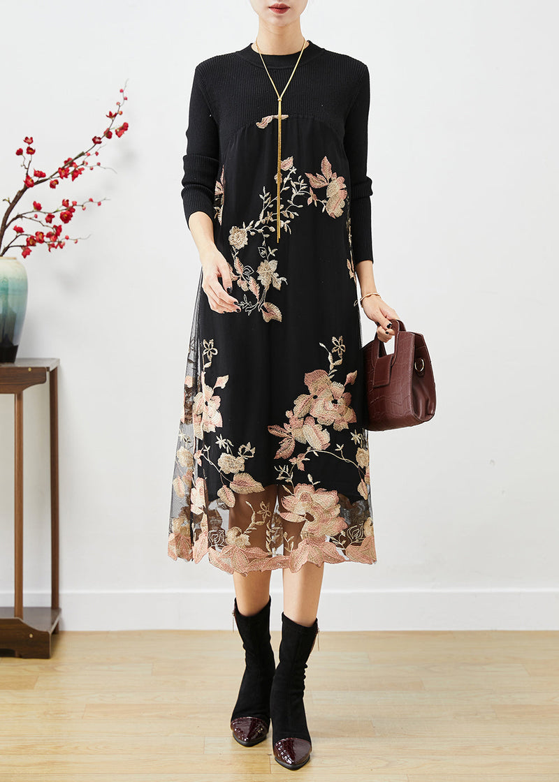 Light Pink Embroideried Patchwork Knit Dresses Fall