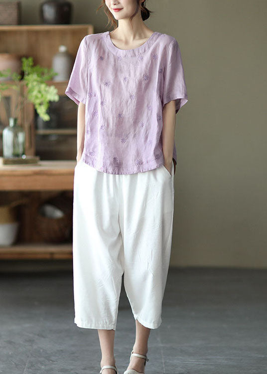 Light Purple Embroideried Linen Shirts Short Sleeve