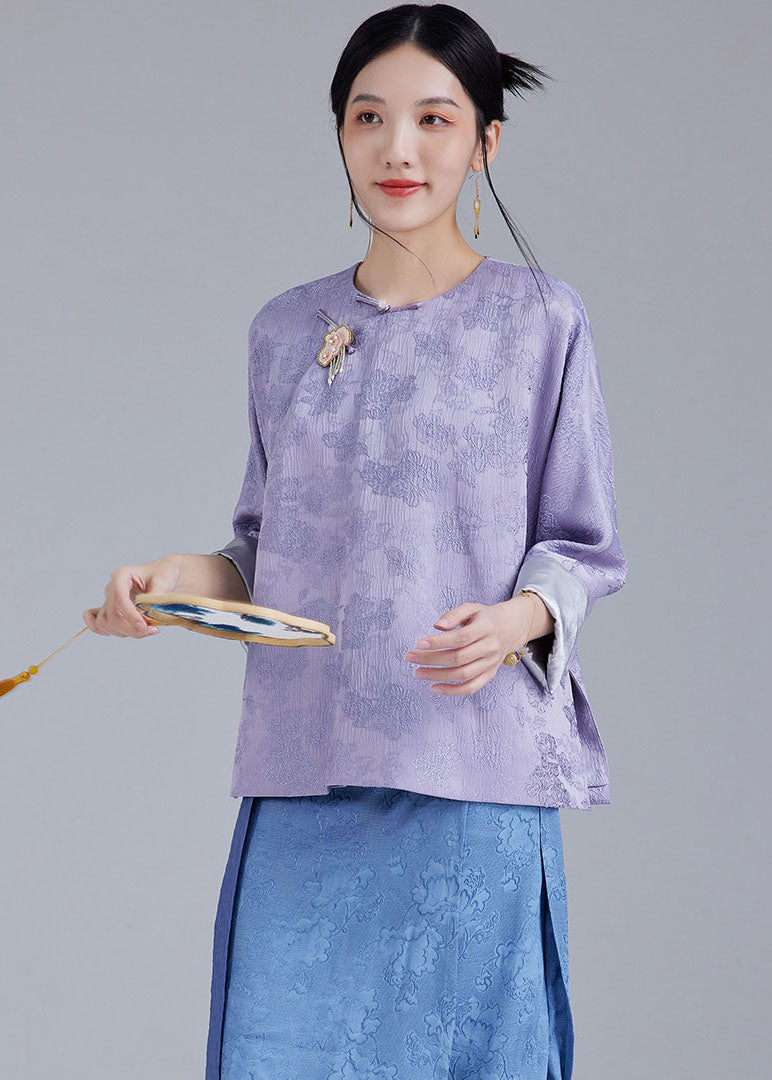 Light Purple Embroidered Side Open Silk Top Fall