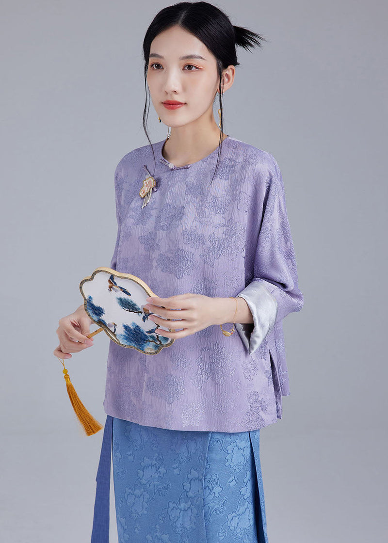 Light Purple Embroidered Side Open Silk Top Fall