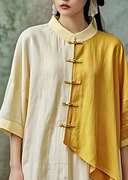 Light Yellow Patchwork Button Maxi Dress Fall