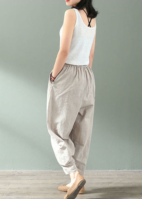 Linen Colour Elastic Waist Pockets Linen Crop Pants Summer
