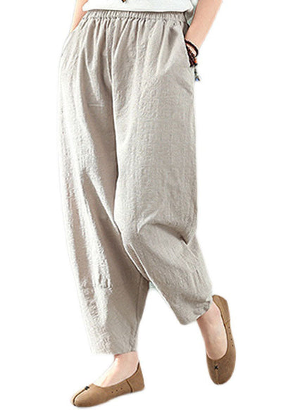 Linen Colour Elastic Waist Pockets Linen Crop Pants Summer