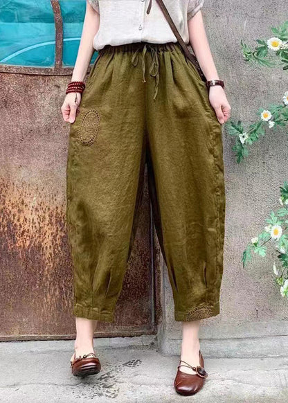 Linen Lace Up Elastic Waist Linen Crop Pants Summer