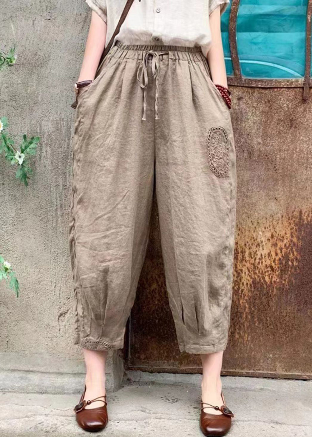 Linen Lace Up Elastic Waist Linen Crop Pants Summer