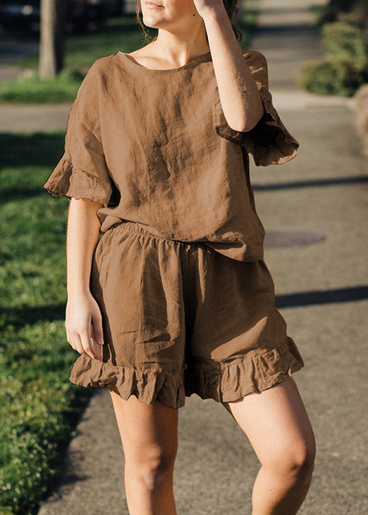Linen Ruffled Tops and Shorts Two Pieces Set Summer