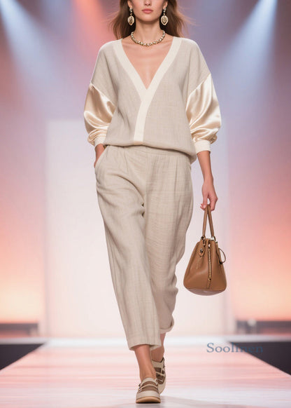 Linen V Neck Pockets Silk Patchwork Tops and Crop Pants Two Piece Set Spring