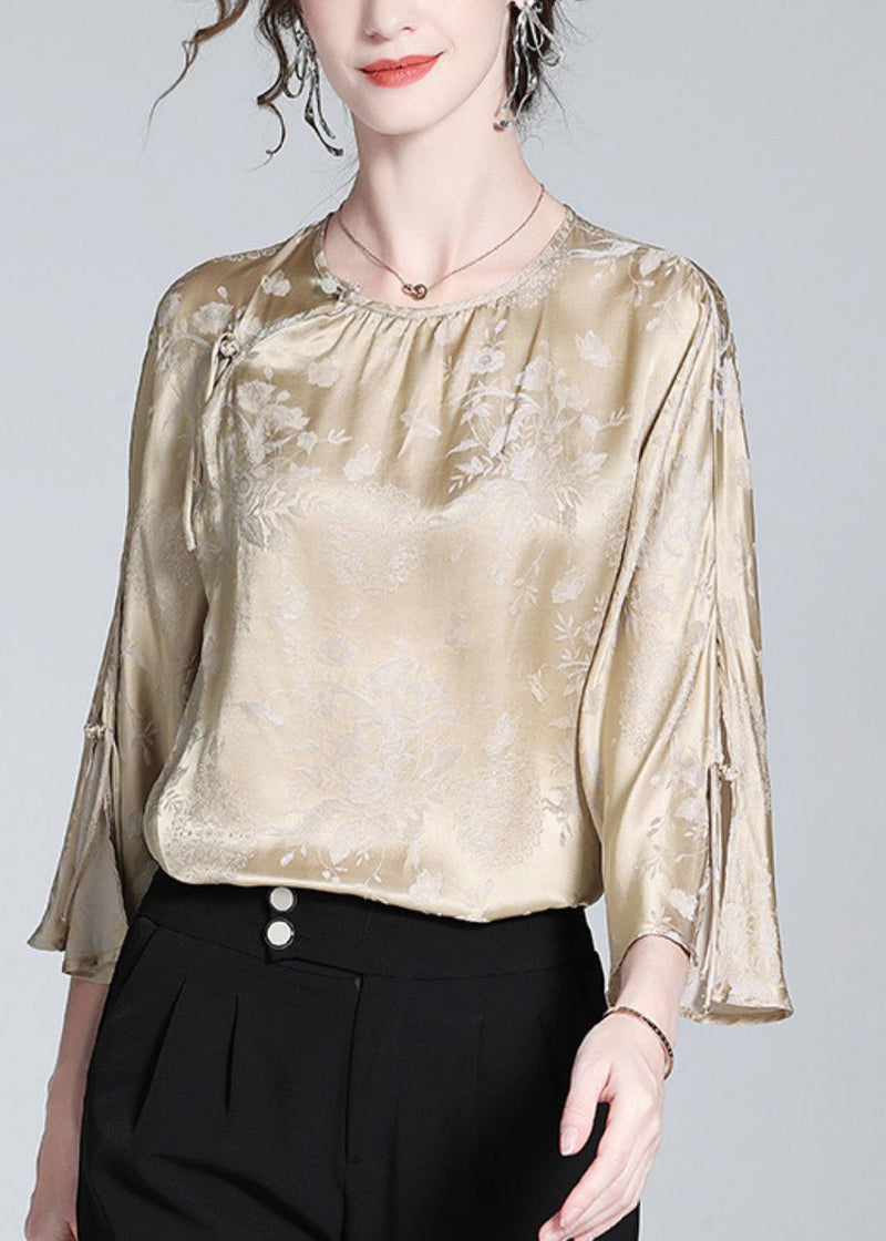 Milk Tea Colour O-neck Button Silk Top Spring