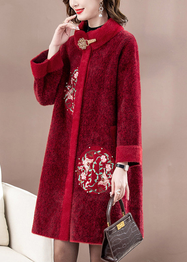 Mulberry Embroidered Long Mink Velvet Woolen Coats Spring
