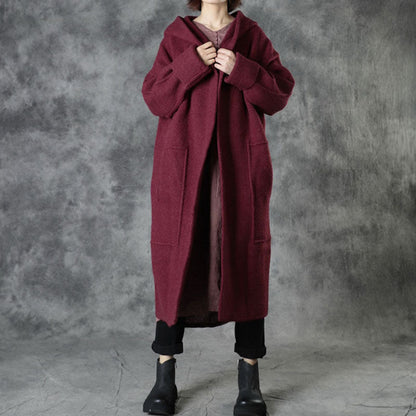 Mulberry Loose Pockets Fall Hooded Long Sleeve Sweaters Coat