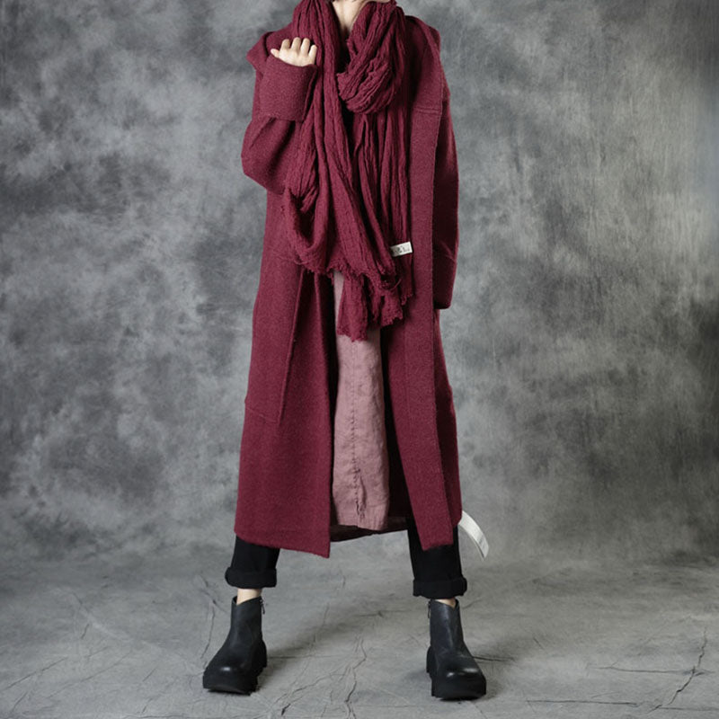 Mulberry Loose Pockets Fall Hooded Long Sleeve Sweaters Coat