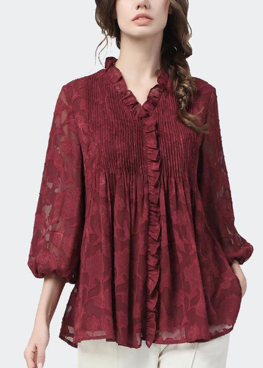 Mulberry Ruffled Wrinkled Lace Shirt Tops Fall