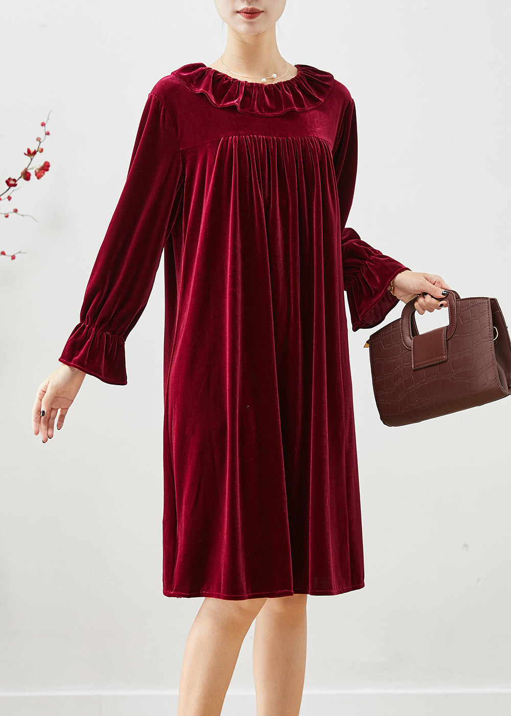 Mulberry Ruffled Wrinkled Silk Velour Robe Dresses Fall