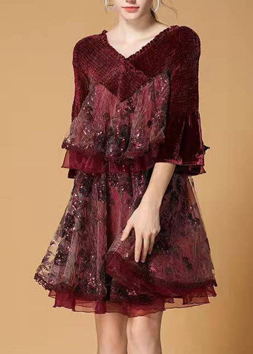 Mulberry Sequins Tulle Embroideried Velour Mini Dress Winter