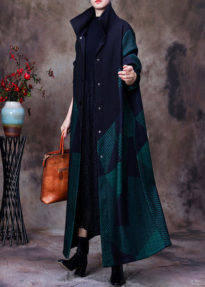 Mulberry Stand Collar Asymmetrical Patchwork Button Woolen Maxi Coat Long Sleeve
