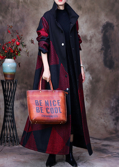 Mulberry Stand Collar Asymmetrical Patchwork Button Woolen Maxi Coat Long Sleeve