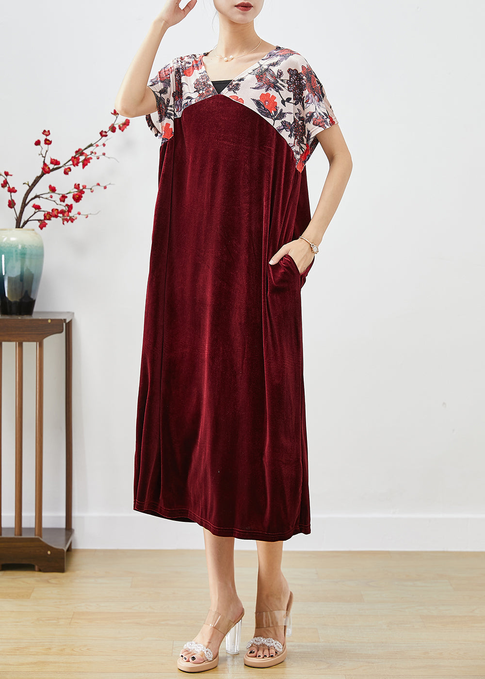 Mulberry V Neck Patchwork Silk Velour Party Dress Short Sleeve