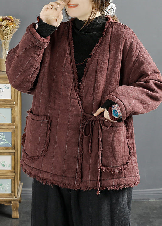 Mulberry V Neck Pockets Lace Up Fine Cotton Filled Jackets Fall
