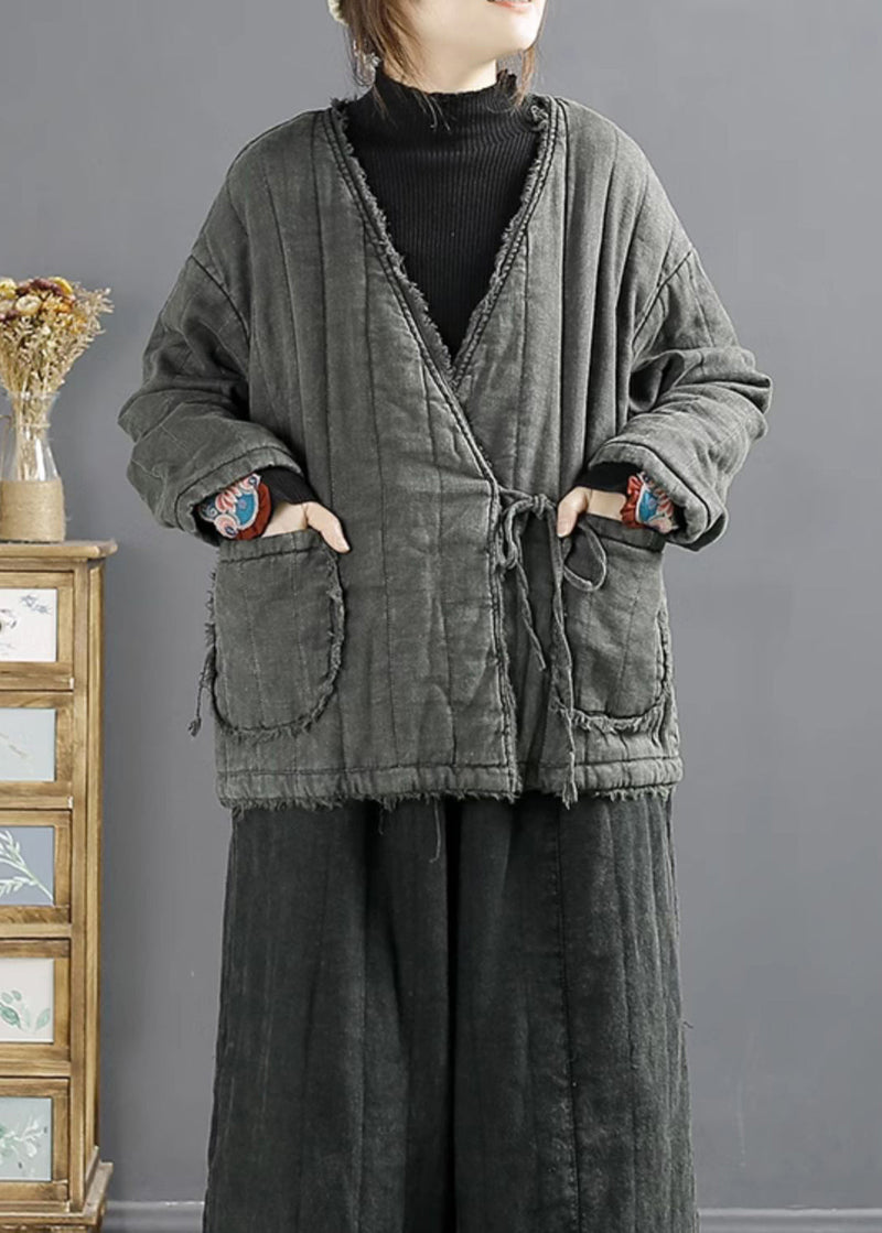 Mulberry V Neck Pockets Lace Up Fine Cotton Filled Jackets Fall