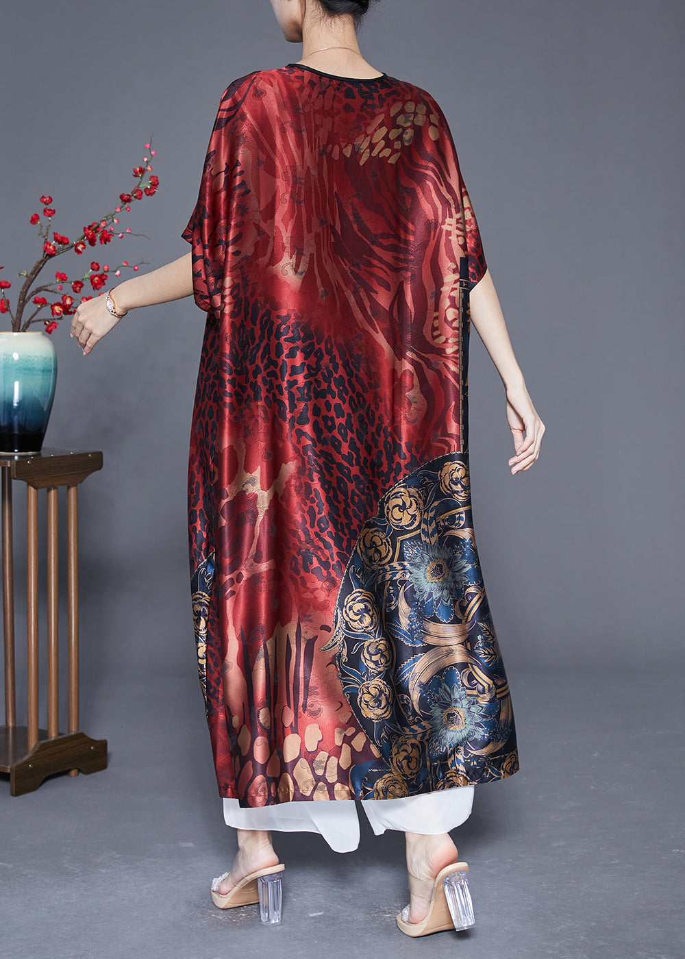 Mulberry V Neck Print Silk Long Dress Summer